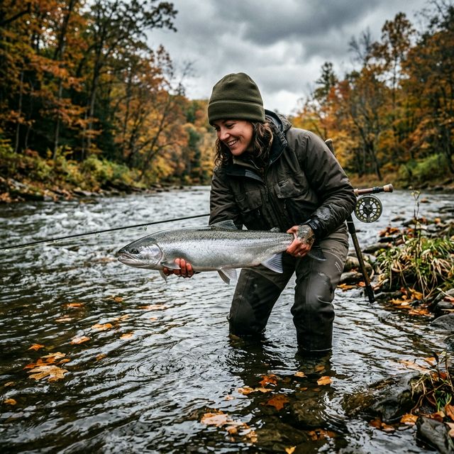 An angler holding a chrome-bright steelhead trout streamside at Elk Creek in Erie County, Pennsylvania with autumn leaves floating in the cold water