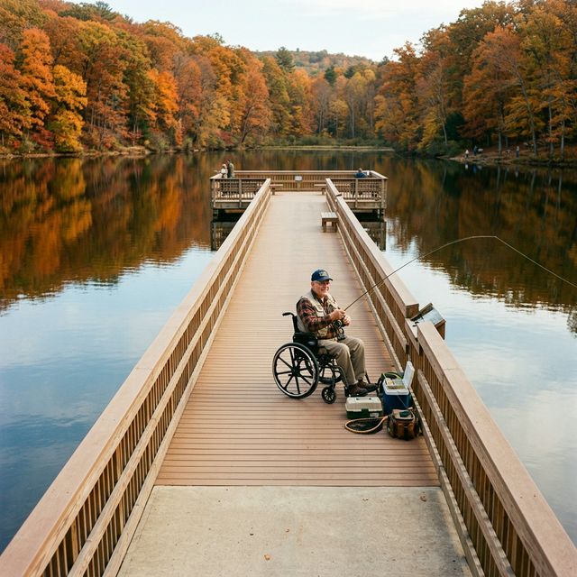 An ADA-accessible fishing pier extending over a calm lake in a Pennsylvania state park, with a senior angler in a wheelchair casting a line