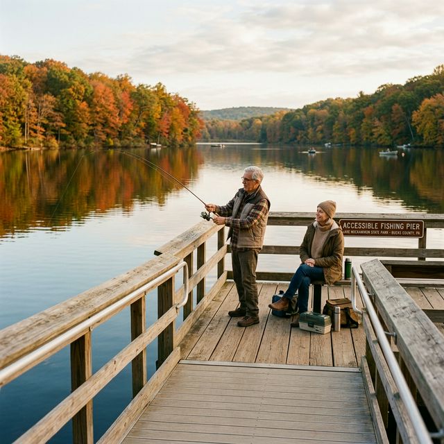 A retired couple fishing from the accessible fishing pier at Lake Nockamixon State Park in Bucks County, Pennsylvania on a calm autumn morning