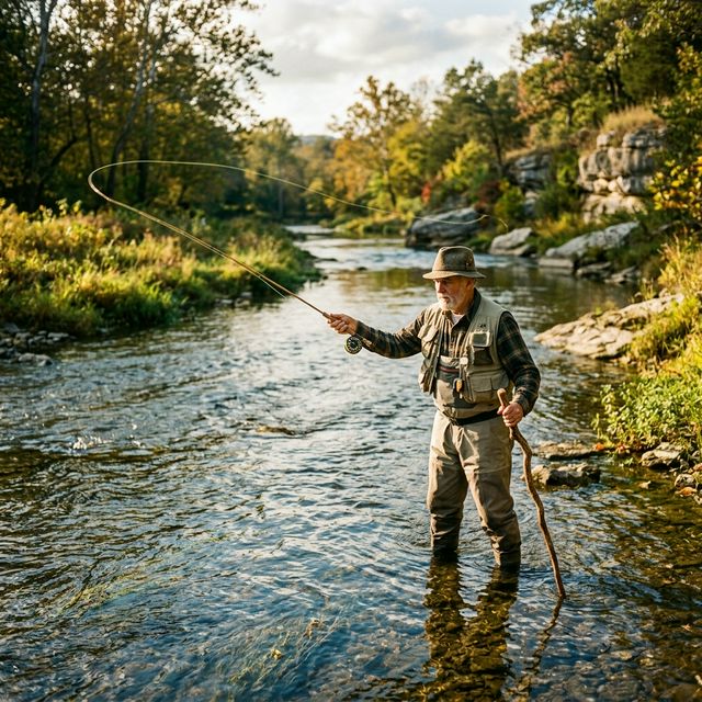 A senior angler with a walking stick standing in the gentle current of Yellow Breeches Creek near Boiling Springs, Pennsylvania, casting a dry fly in late afternoon light