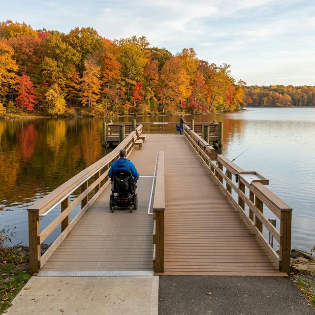 An adaptive fishing dock with smooth ramp access and lowered railings at a Pennsylvania state park lake, designed for wheelchair users and mobility-impaired anglers