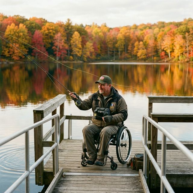 A veteran in adaptive fishing gear casting from a wheelchair-accessible dock at a calm Pennsylvania lake with autumn foliage reflected in still water