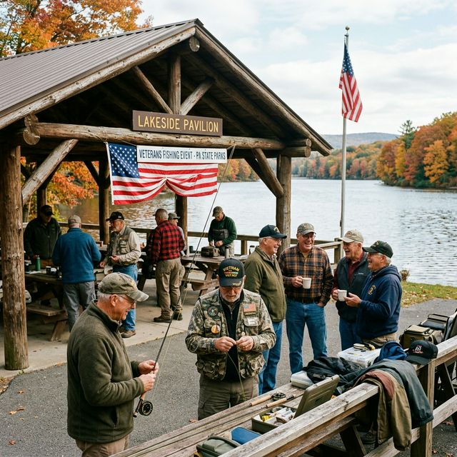 A group of veterans in camouflage jackets and fishing vests gathered at a lakeside in a Pennsylvania state park for a Project Healing Waters fly fishing event