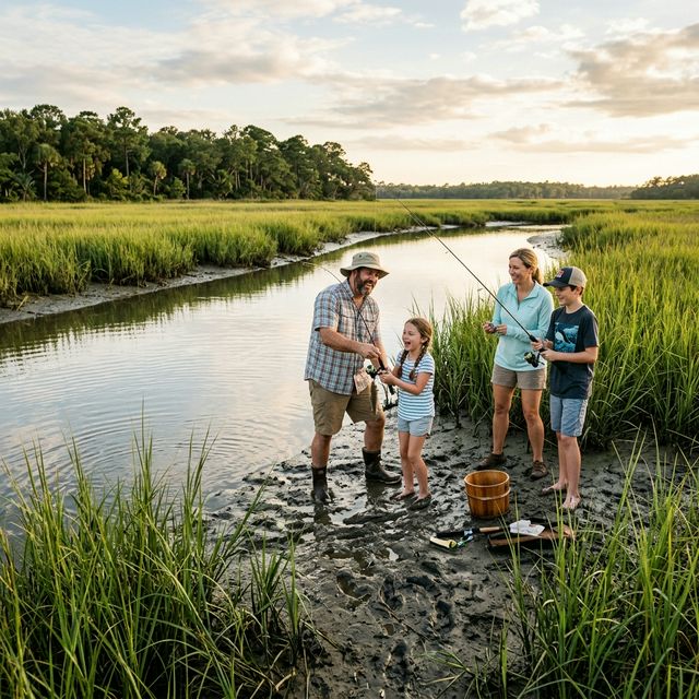 A family with two children under 16 fishing playfully from the muddy bank of a shallow South Carolina coastal creek surrounded by tall green marsh grass