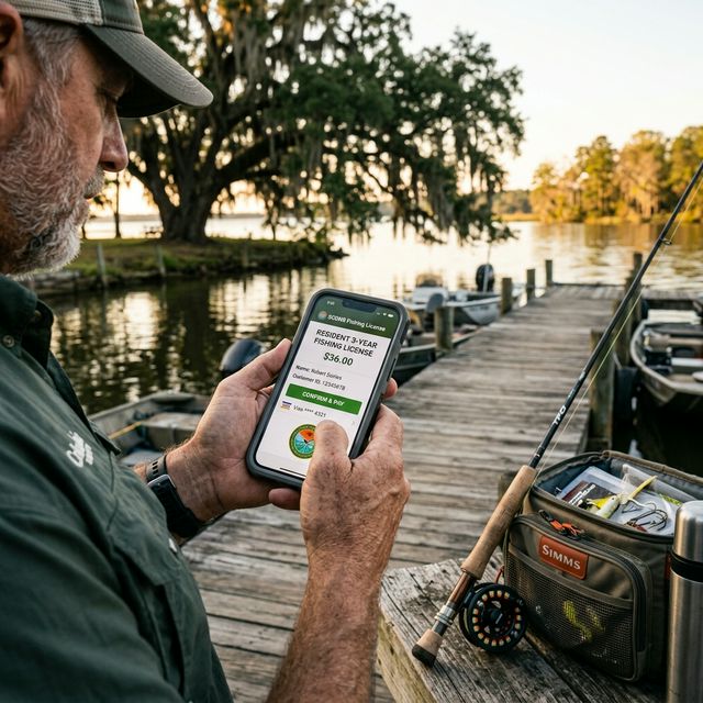 Angler purchasing a South Carolina fishing license on a smartphone at a wooden dock with Spanish moss-draped live oaks in the background
