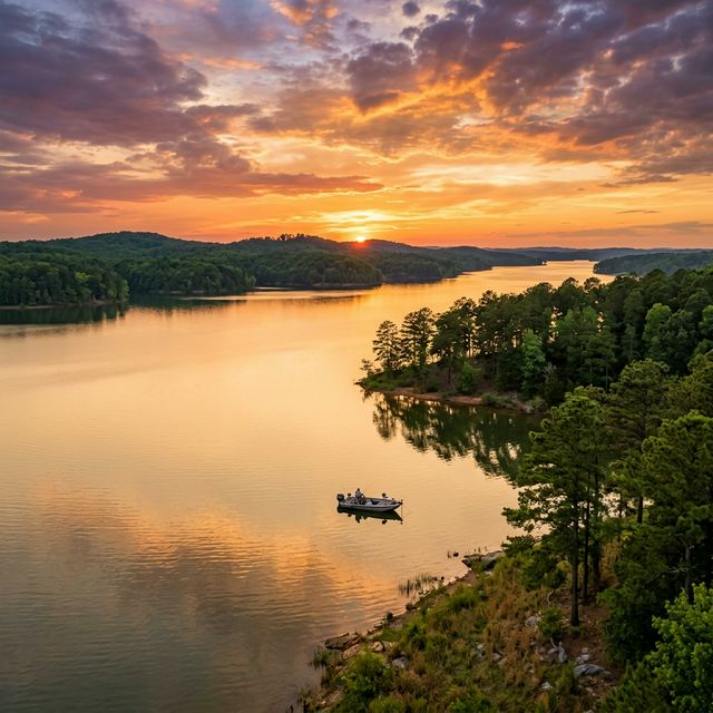 Panoramic sunset over Lake Murray, South Carolina with a fishing boat anchored in golden-lit water surrounded by Southern pine forests