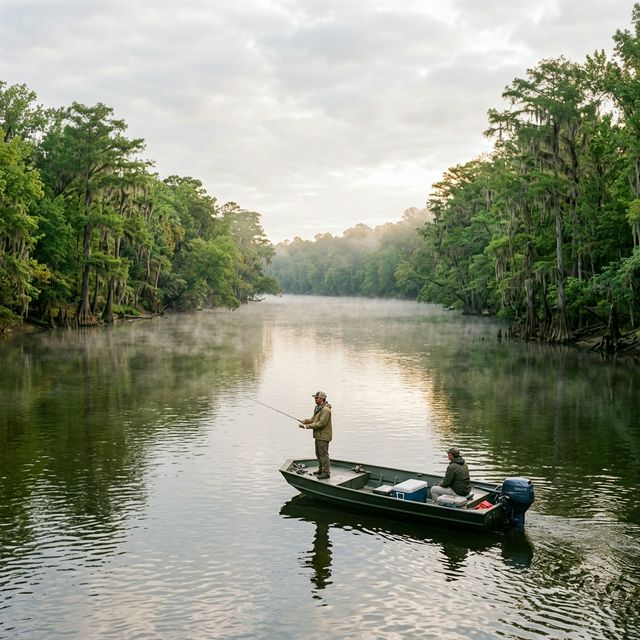 Two anglers fishing from a jon boat on the Savannah River with cypress trees and morning mist along the South Carolina-Georgia border