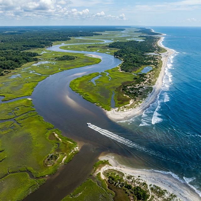 Aerial view of a wide South Carolina river merging with the Atlantic ocean through lush green marshlands