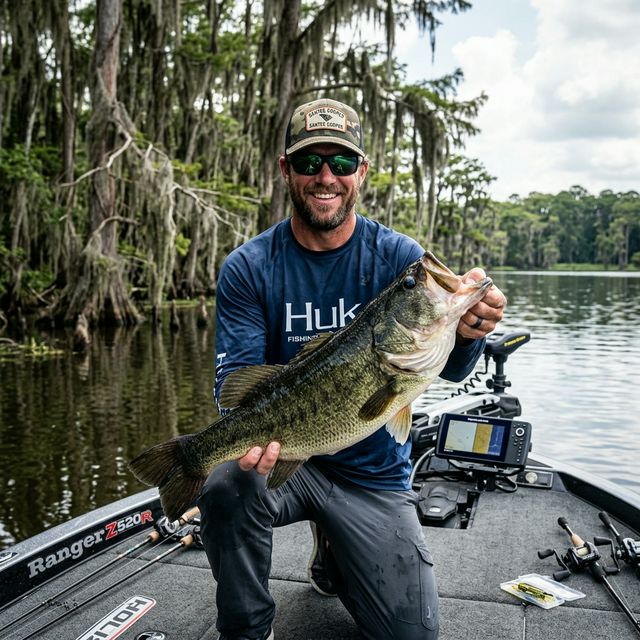 An angler holding a large largemouth bass horizontally on a bass boat with Spanish moss hanging in the background on Santee Cooper