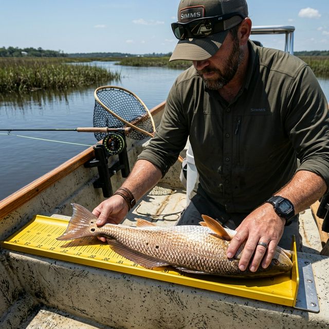 An angler carefully measuring a red drum on a yellow bump board inside a skiff boat in South Carolina