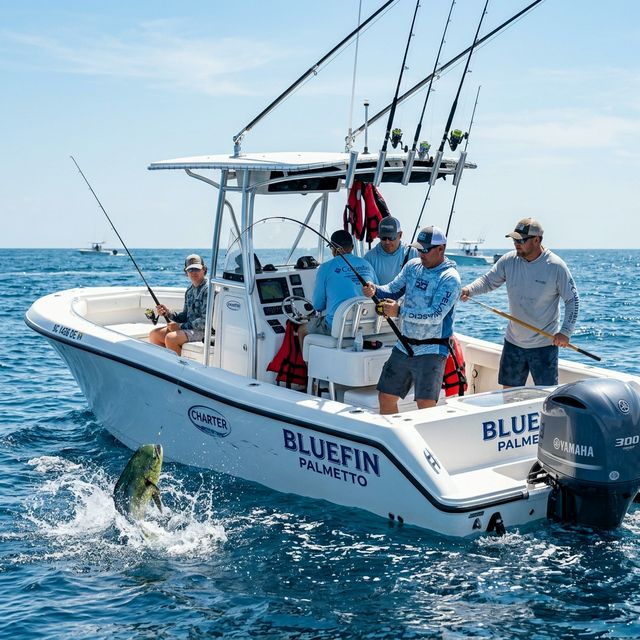 A group of anglers fishing offshore from a clean white center-console charter boat under a clear blue sky in South Carolina