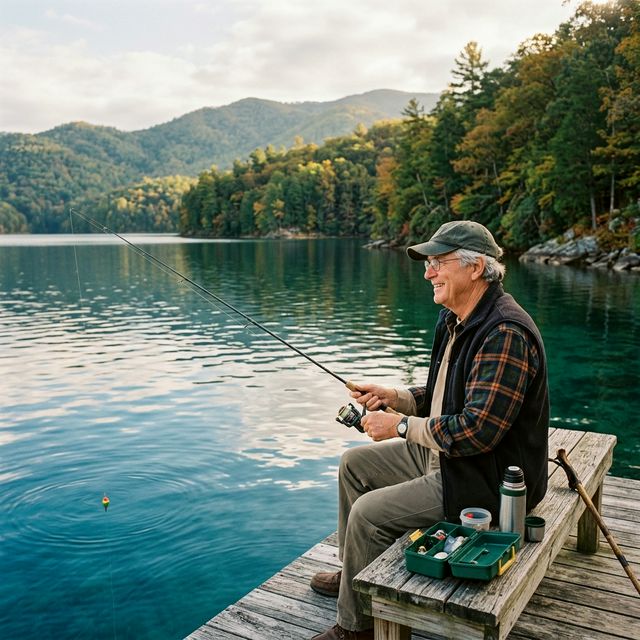 A retired senior man in his late 60s fishing from a wooden dock on Lake Jocassee, South Carolina, with clear blue-green water and forested mountains behind him
