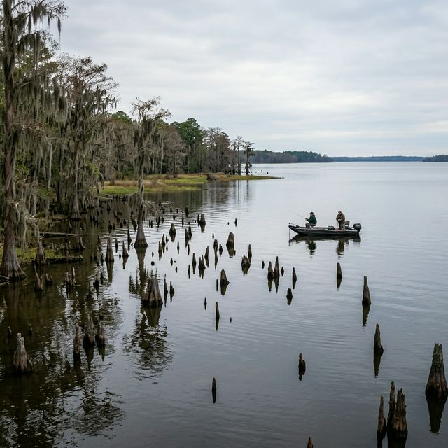 Two senior anglers fishing from a small boat on Santee Cooper Lakes under overcast skies surrounded by cypress tree stumps in the water