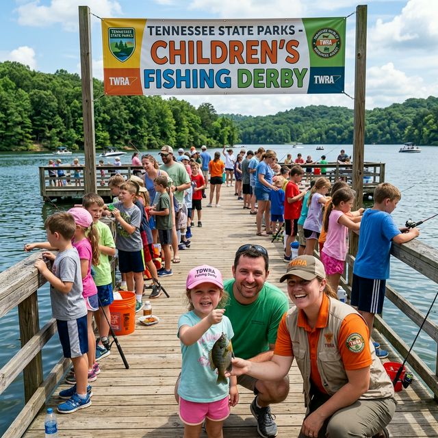 Children's fishing derby at a Tennessee state park lake with kids and parents lined up along a pier and TWRA volunteers helping