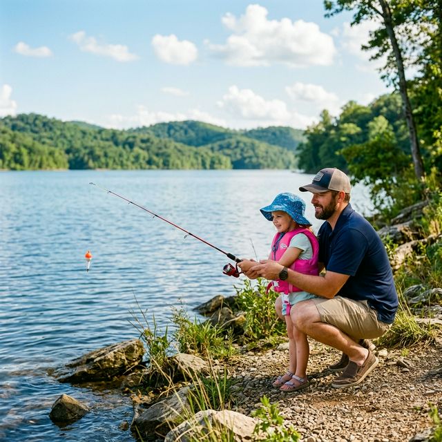 Father teaching young daughter to cast a fishing rod on the shore of Center Hill Lake Tennessee with green hills and a life jacket