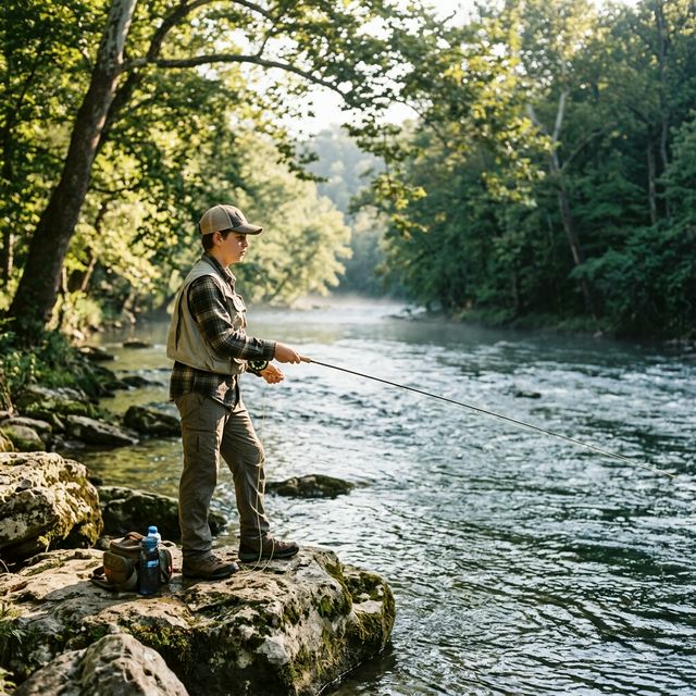 Teenager independently fly fishing from rocks along the Caney Fork River Tennessee with morning light filtering through trees