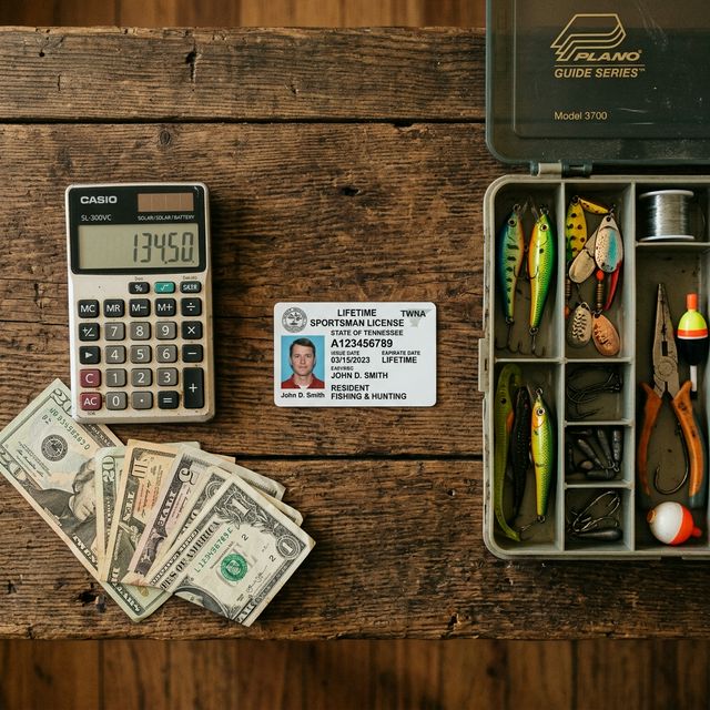 Flat lay of a Tennessee lifetime fishing license card next to a calculator, dollar bills, and tackle box on a rustic wooden table