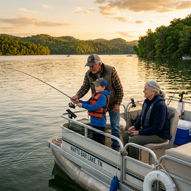 Three generations of a family fishing together from a pontoon boat on Watts Bar Lake Tennessee at golden hour