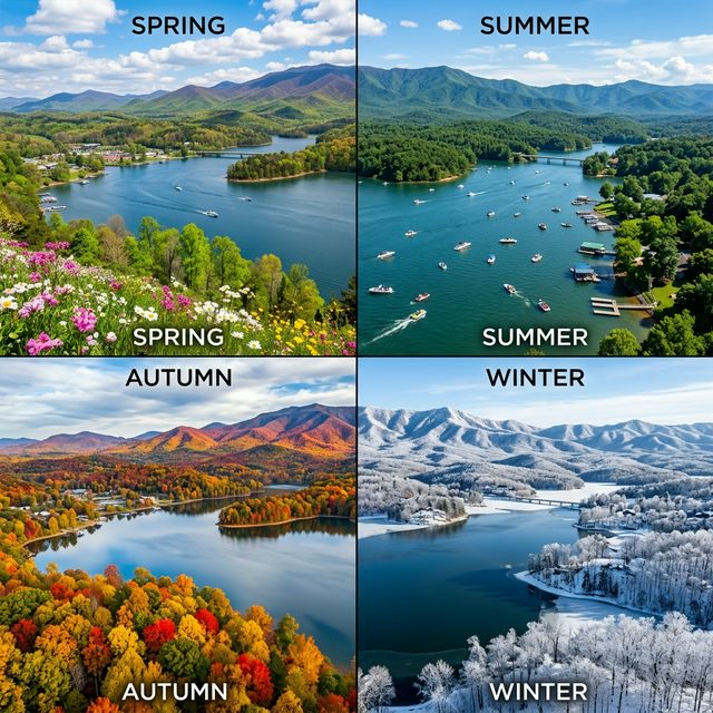 Four-season panoramic view of Douglas Lake Tennessee with Great Smoky Mountains showing spring blooms, summer green, autumn foliage, and winter frost