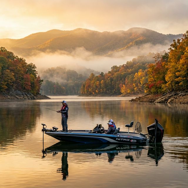 Bass boat on Cherokee Lake at sunrise with misty Smoky Mountain foothills and autumn foliage along the shoreline