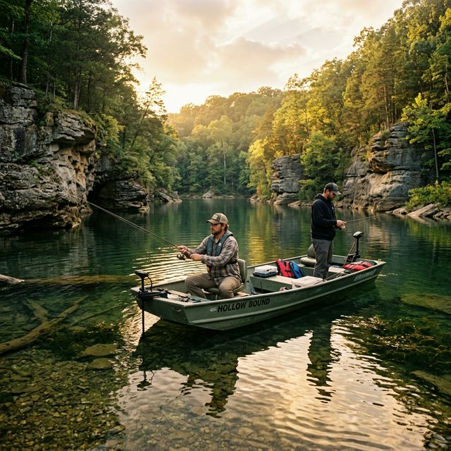 Two anglers fishing from a jon boat on Dale Hollow Lake with limestone bluffs and hardwood forest on the Tennessee-Kentucky border