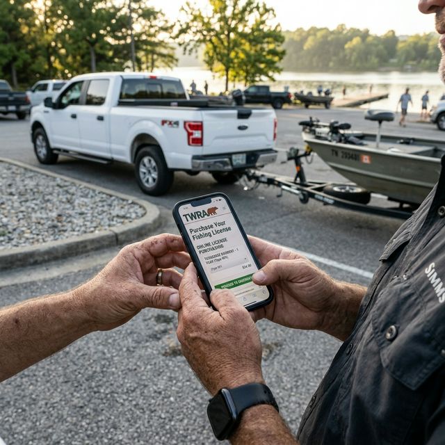 An angler purchasing a Tennessee fishing license on a smartphone at a boat ramp parking lot with a truck and boat trailer