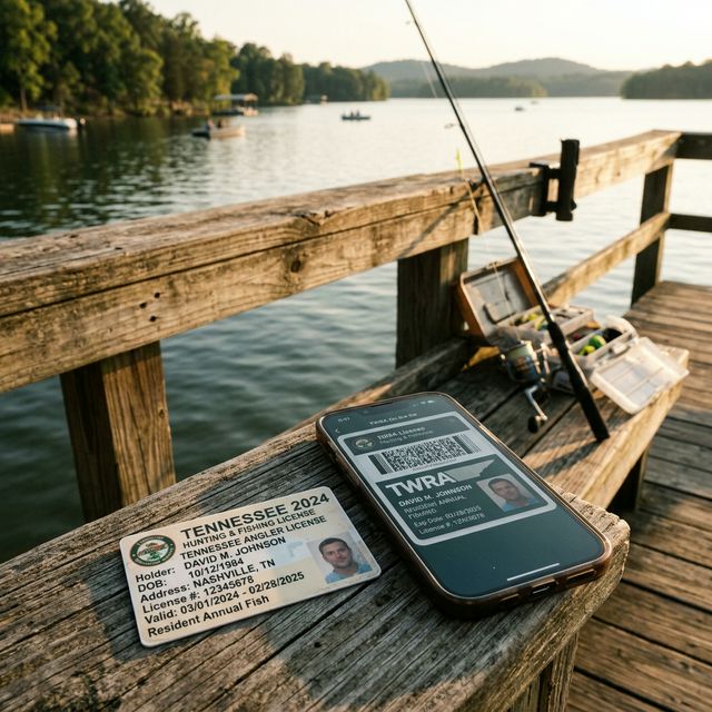 Tennessee fishing license card and digital license displayed on smartphone side by side on a wooden dock railing with fishing gear