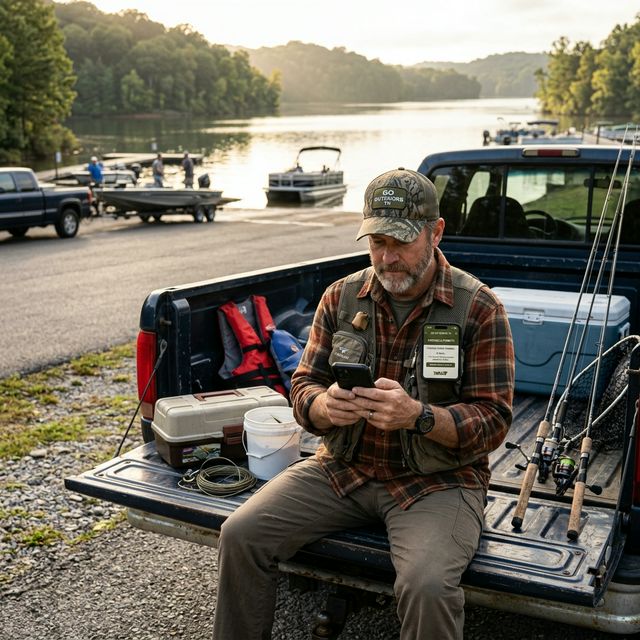 Angler sitting on truck tailgate at a Tennessee lake boat ramp checking the Go Outdoors TN app on his smartphone