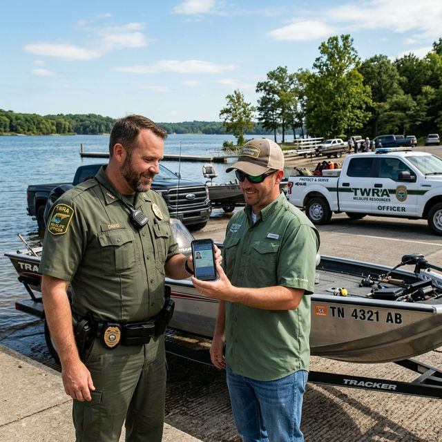 TWRA wildlife officer checking an angler's digital fishing license on a smartphone at a Tennessee boat ramp