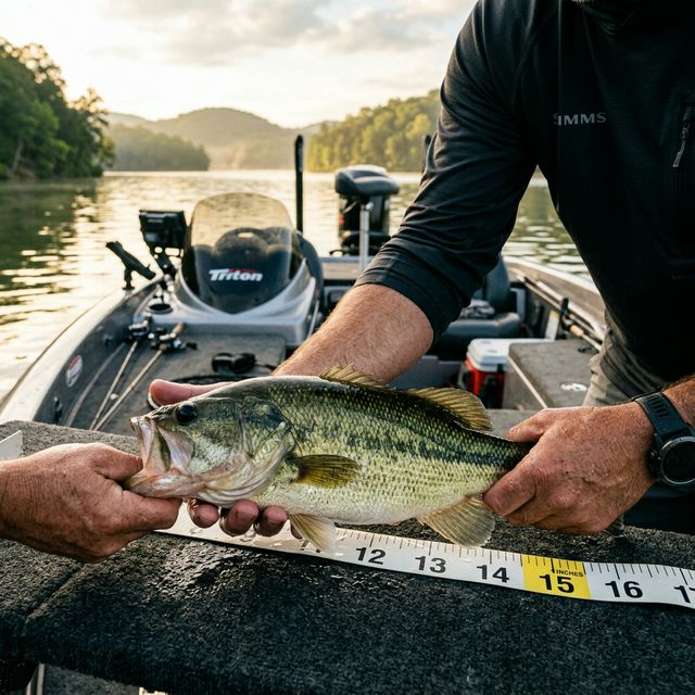 Angler measuring a largemouth bass against a tape showing 15 inches on a bass boat at a Tennessee reservoir