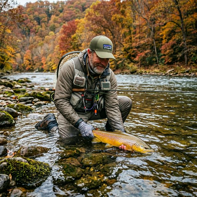 Fly fisherman releasing a large brown trout into the Clinch River Tennessee with fall foliage and crystal clear tailwater