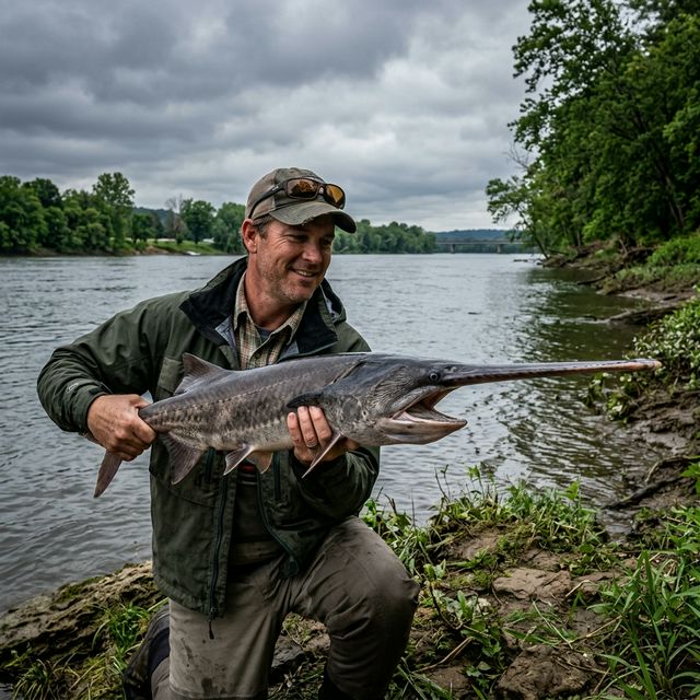 Angler holding a paddlefish on the banks of the Tennessee River showing its distinctive paddle-shaped snout