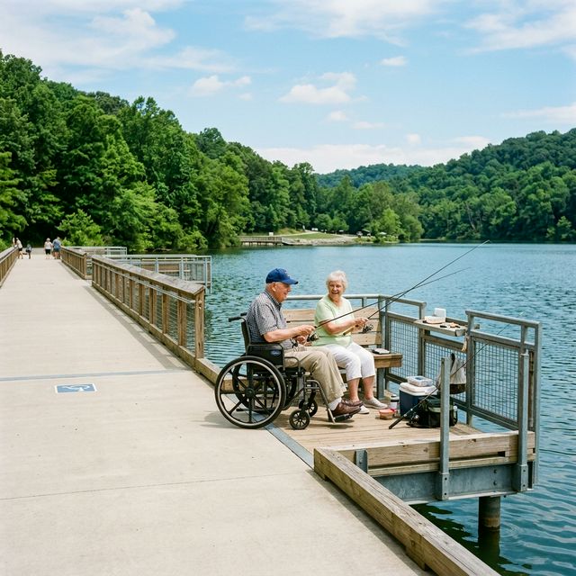 Elderly couple fishing from an ADA-accessible pier at a Tennessee state park lake with wheelchair access and wide pathways
