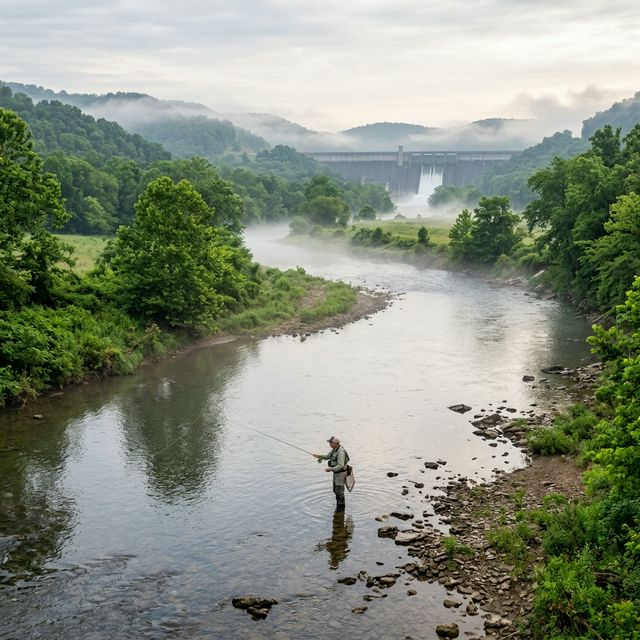 Senior fly fisherman wading in the Caney Fork River below Center Hill Dam in Tennessee with morning mist and green valley