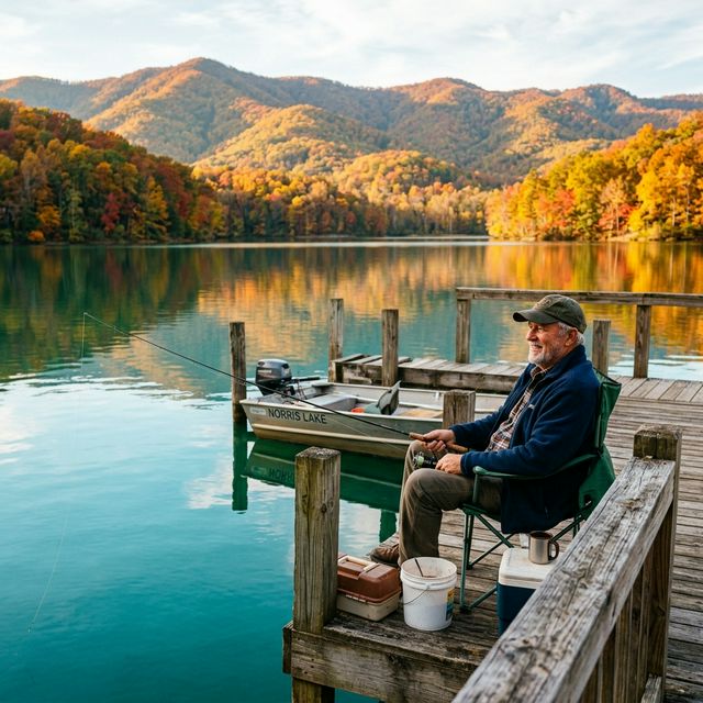 Retired senior man fishing from a wooden dock at Norris Lake Tennessee with autumn foliage and Appalachian mountains in the background