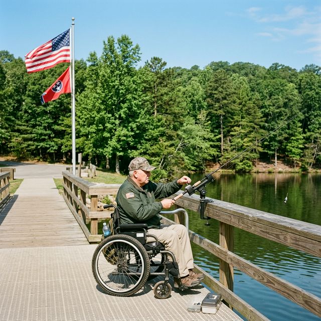 Veteran in wheelchair fishing from an ADA-accessible dock at a Tennessee Wildlife Management Area with American flag in background