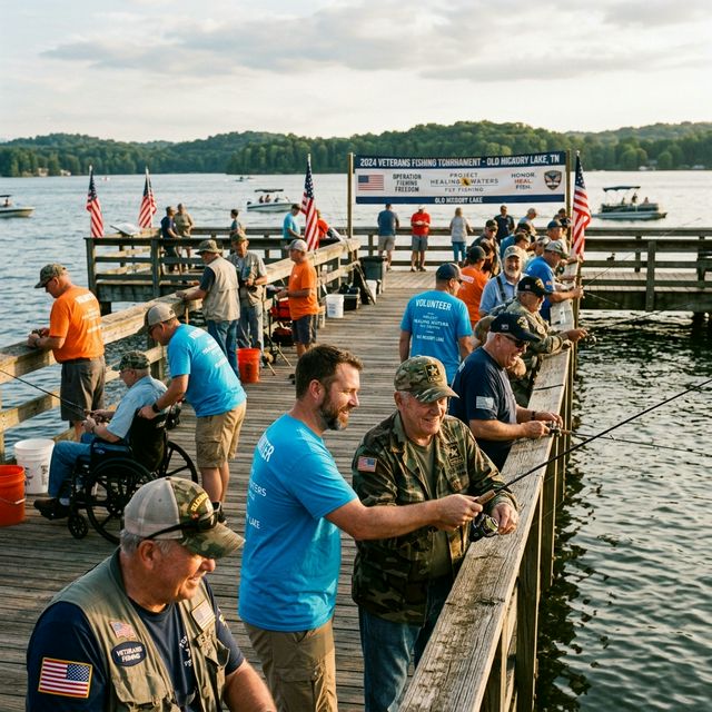 Volunteers helping military veterans fish from a pier at Old Hickory Lake Tennessee during an organized veteran fishing event