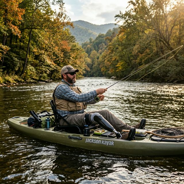 Disabled veteran fly fishing from an adaptive kayak on the Hiwassee River Tennessee with autumn mountain scenery