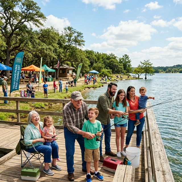 A large happy family enjoying a sunny Free Fishing Day event at a Texas State Park