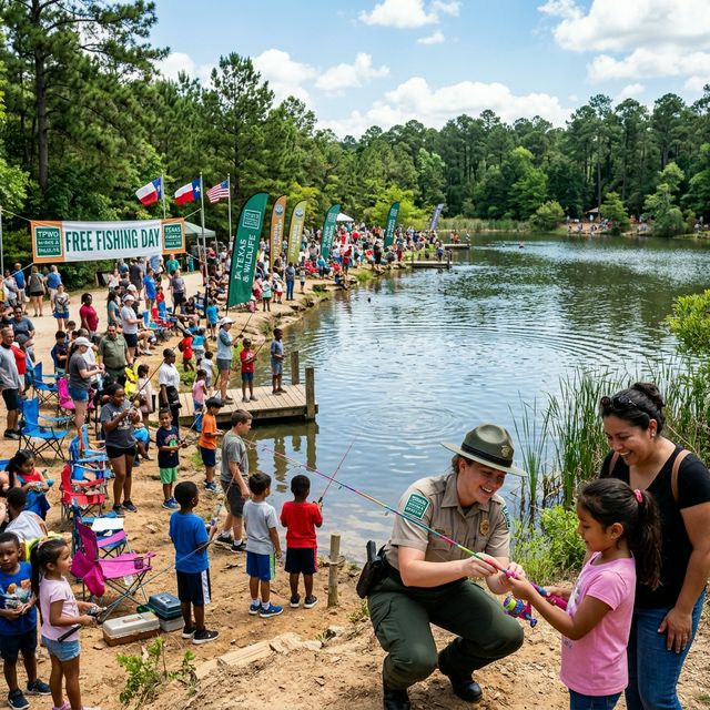 A large crowd of families with children at a Texas state park pond for Free Fishing Day with colorful banners