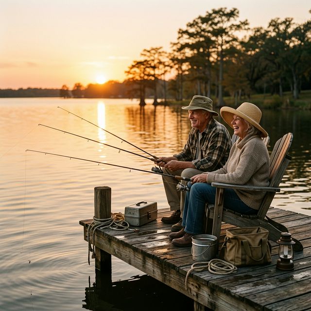 An elderly couple wearing sun hats fishing together from a wooden pier at a calm Texas lake during golden hour