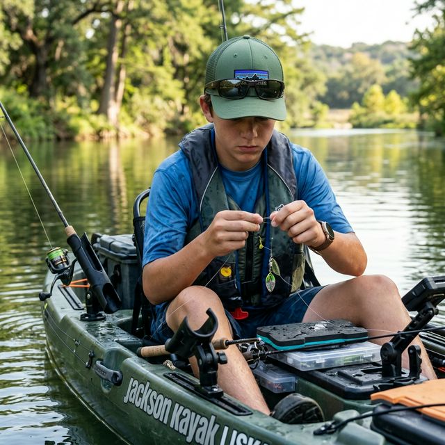 A teenage angler focused on tying a fishing knot on a green fishing kayak