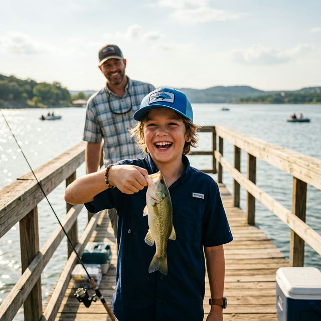 A young boy proudly holding up his first small bass on a sunny Texas lake pier