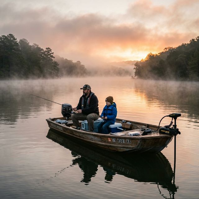 A father and his young son fishing from a wooden bass boat on a fog-covered Texas lake at sunrise