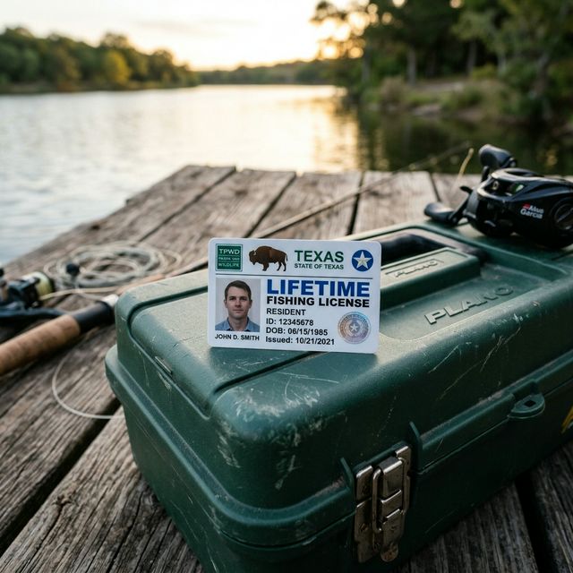 A physical Texas Parks and Wildlife lifetime fishing license card resting on a tackle box