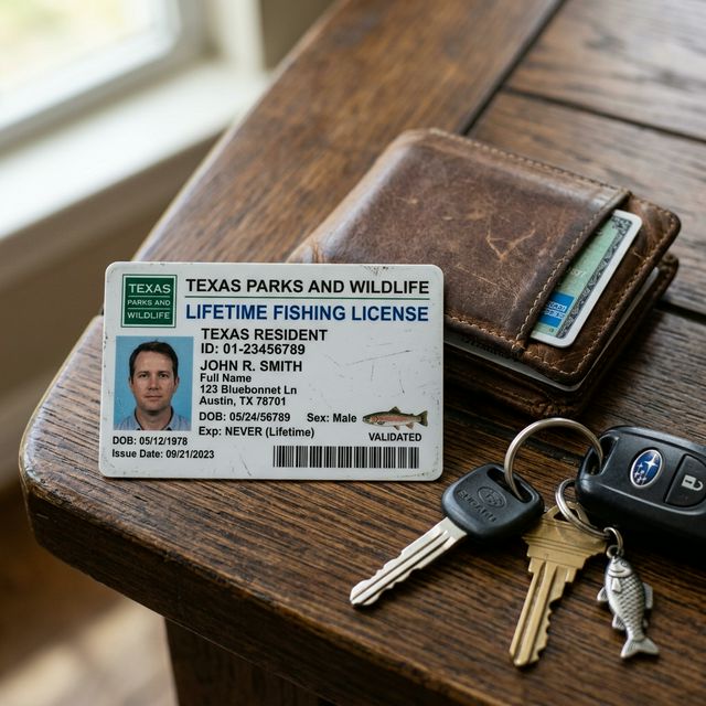 A hard plastic Texas Parks and Wildlife lifetime fishing license ID card on a table