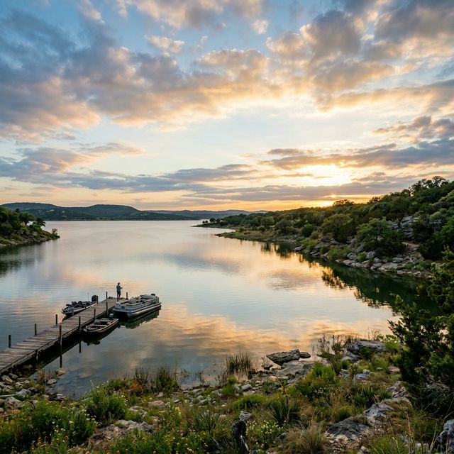 A breathtaking wide landscape of Lake Buchanan in Texas showcasing calm waters
