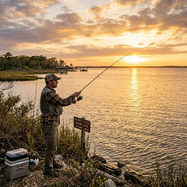 An angler casting a line into Sabine Lake on the Texas-Louisiana border at sunset