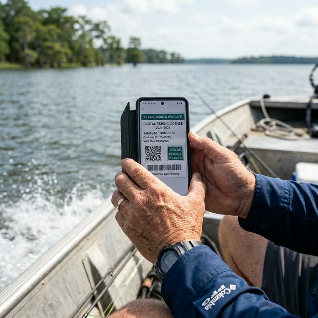 An angler holding a smartphone showing a Texas digital fishing license