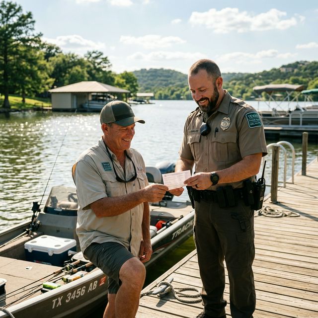 A Texas Parks and Wildlife game warden checking an angler's fishing license on a boat dock